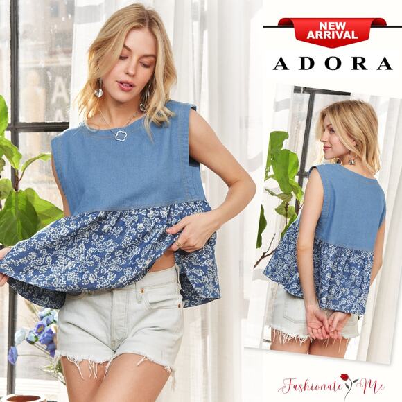 ADORA Flower Print Sleeveless Crew Neck Denim Contrast Peplum Silhouette Blouse - Picture 1 of 13